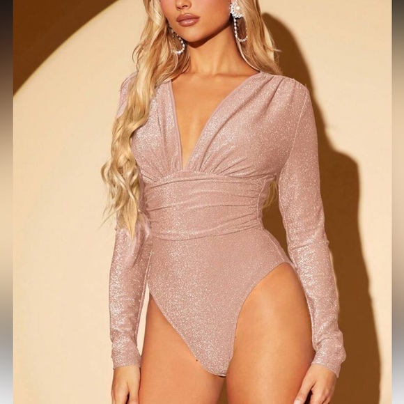 Tops - Luxe plunging V neck glitter bodysuit champagne
